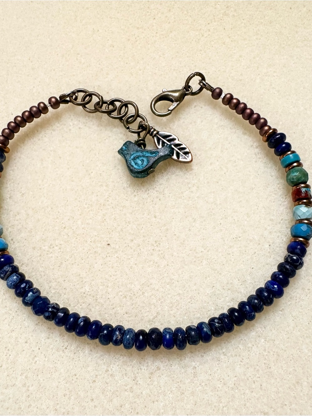 Lapis and Turquoise Beaded Bracelet with Bird Charm